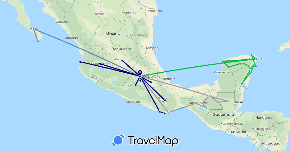 TravelMap itinerary: driving, bus, plane, cycling in Guatemala, Mexico (North America)